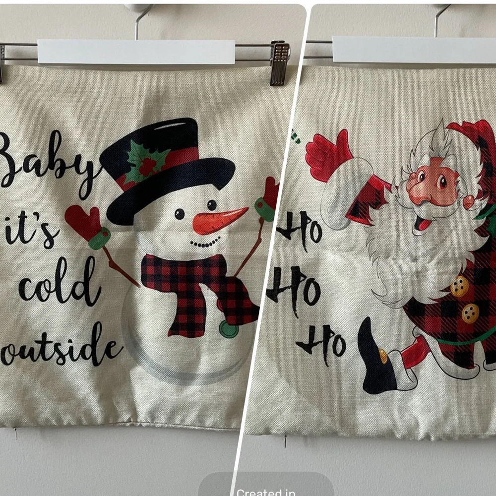 2 Christmas Throw Pillow Covers Snowman and Santa Holiday Set of Two